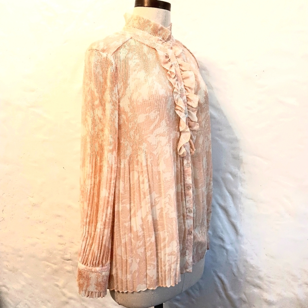 Victorian insp high-neck, ruffle, shirring, pleated sheer blouse. Med. Dialogue.